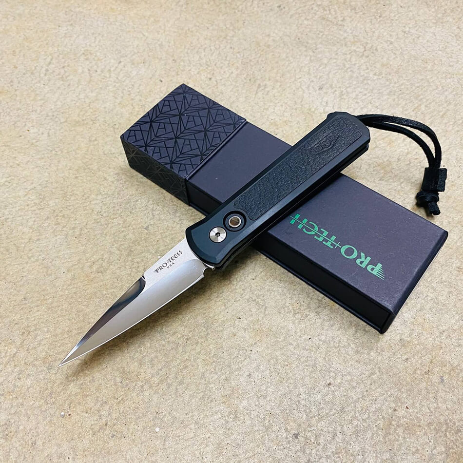 PROTECH 7GSD-10 Knife Black Handle with Greg Stevens Design Textured Black Leather Inlay on front, black lip pearl push button, blade is hand ground and mirror polished by Mike Irie, deep carry clip, leather lanyard - 7GSD-10