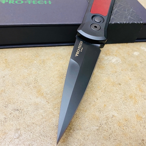 PROTECH 7GSD-6 Godson 3.15" Black Blade, All Black Hardware, Red Leather Inlay, Black Leather Lanyard, Black Deep Carry Clip Knife - 7GSD-6