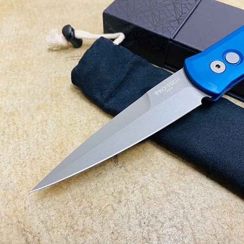 PROTECH 920-BLUE Godfather Satin 4" Solid Blue Handle Blasted Blade Knife - 920-BLUE