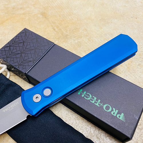 PROTECH 920-BLUE Godfather Satin 4" Solid Blue Handle Blasted Blade Knife - 920-BLUE