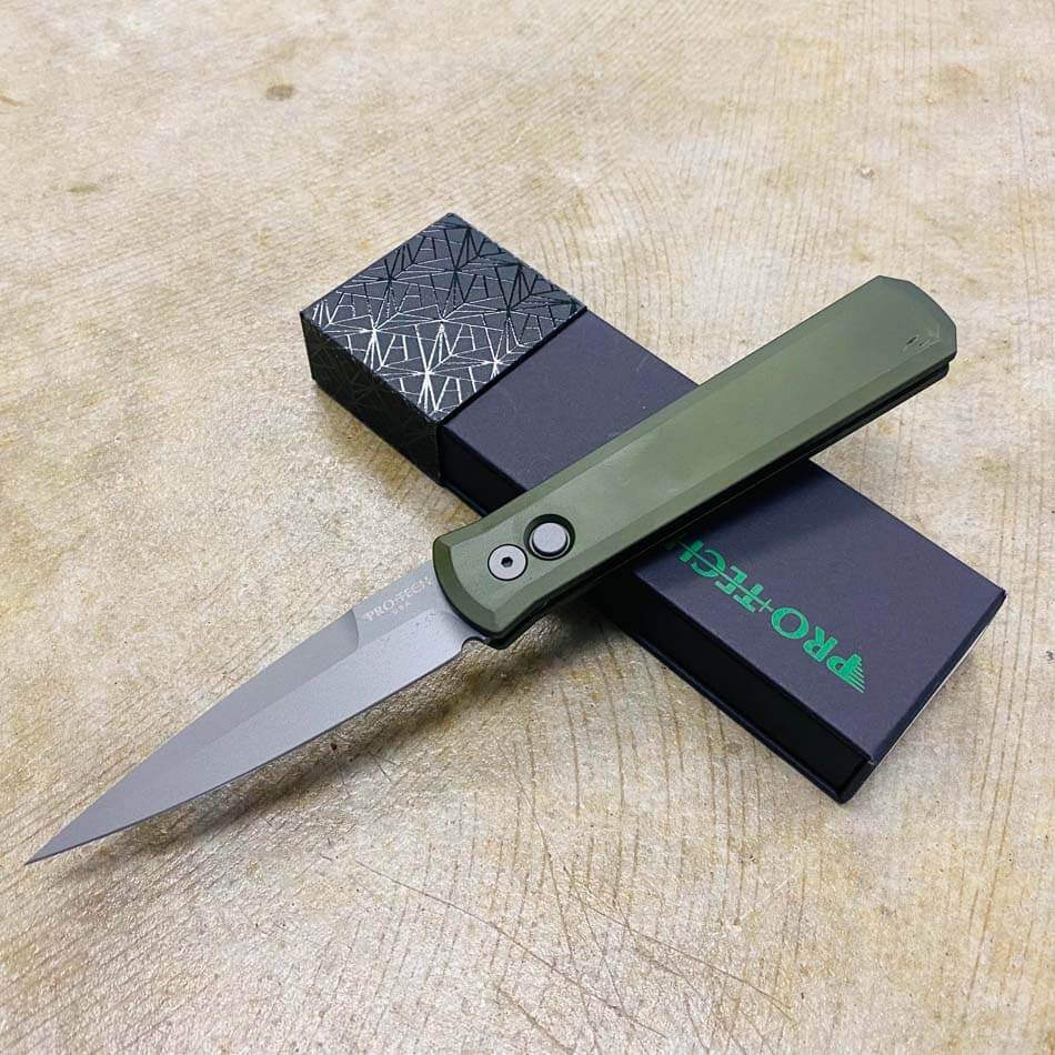 PROTECH 920-GREEN Godfather Satin 4" Solid Green Handle Blasted Blade Knife