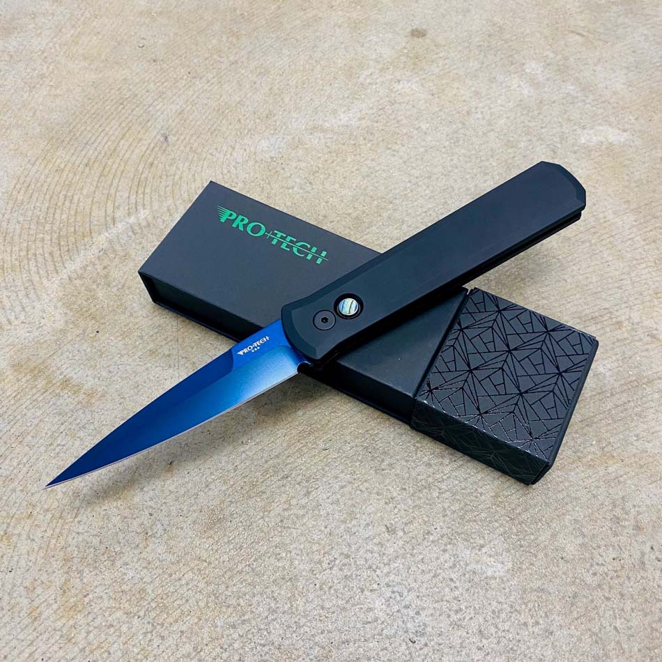 Protech 921 SB Godfather 4" Solid Black Handles, Sapphire Blue Blade, Black Hardware, Abalone Push Button Automatic Knife