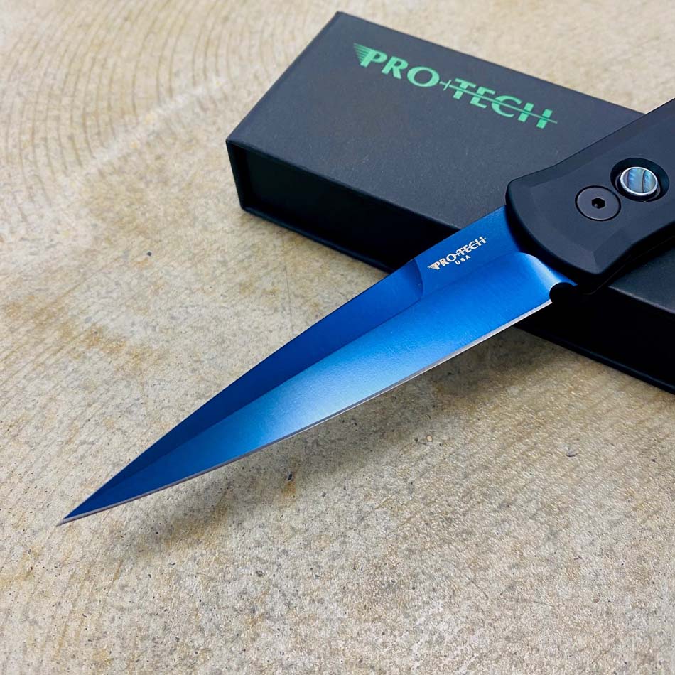Protech 921 SB Godfather 4" Solid Black Handles, Sapphire Blue Blade, Black Hardware, Abalone Push Button Automatic Knife - 921 SB