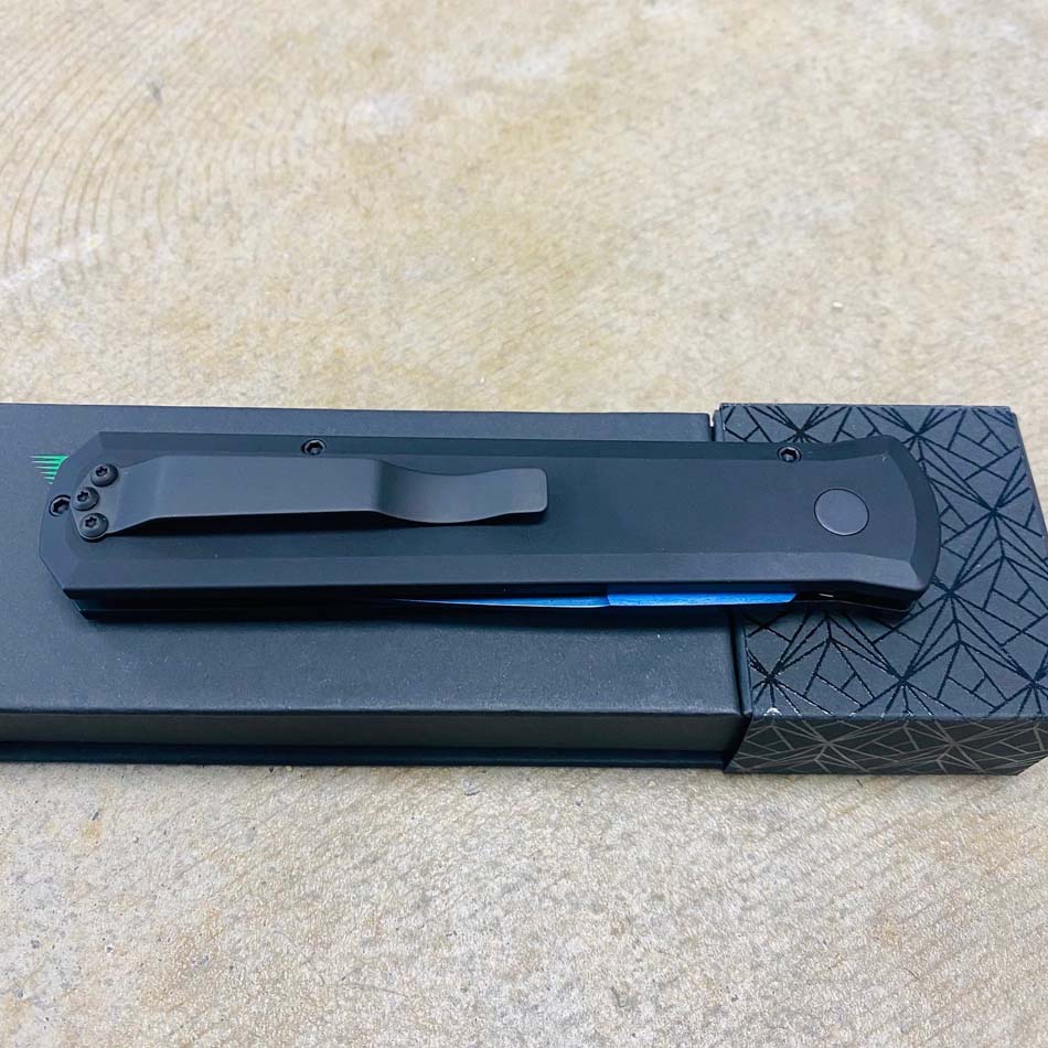 Protech 921 SB Godfather 4" Solid Black Handles, Sapphire Blue Blade, Black Hardware, Abalone Push Button Automatic Knife - 921 SB