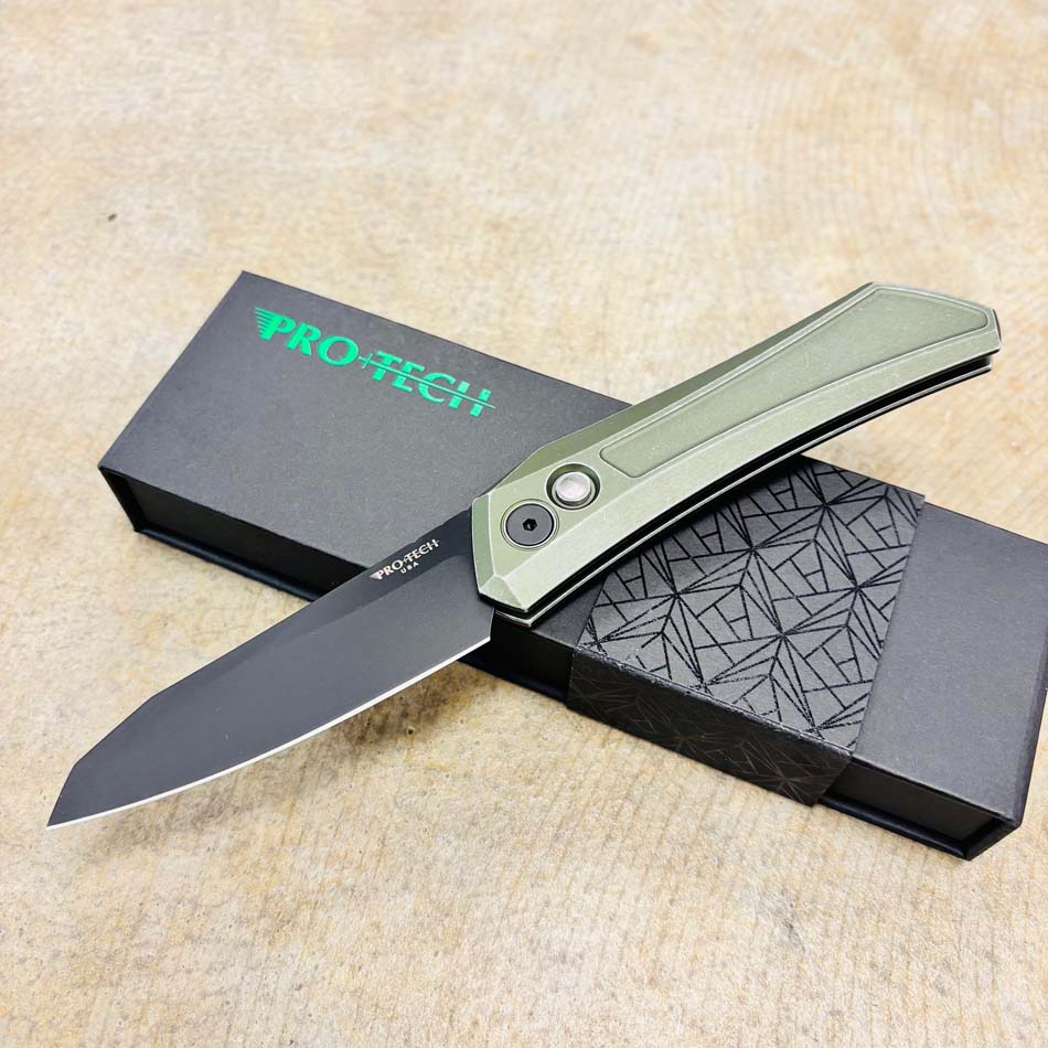 Protech BSA25.Oligarch.1 Dmitry Sinkevick Design Solid Green Battleworn Aluminum Handles, Black DLC Magnacut Blade, Black Lip Pearl Button Knife BLADE SHOW 2025 - BSA25.Oligarch.1