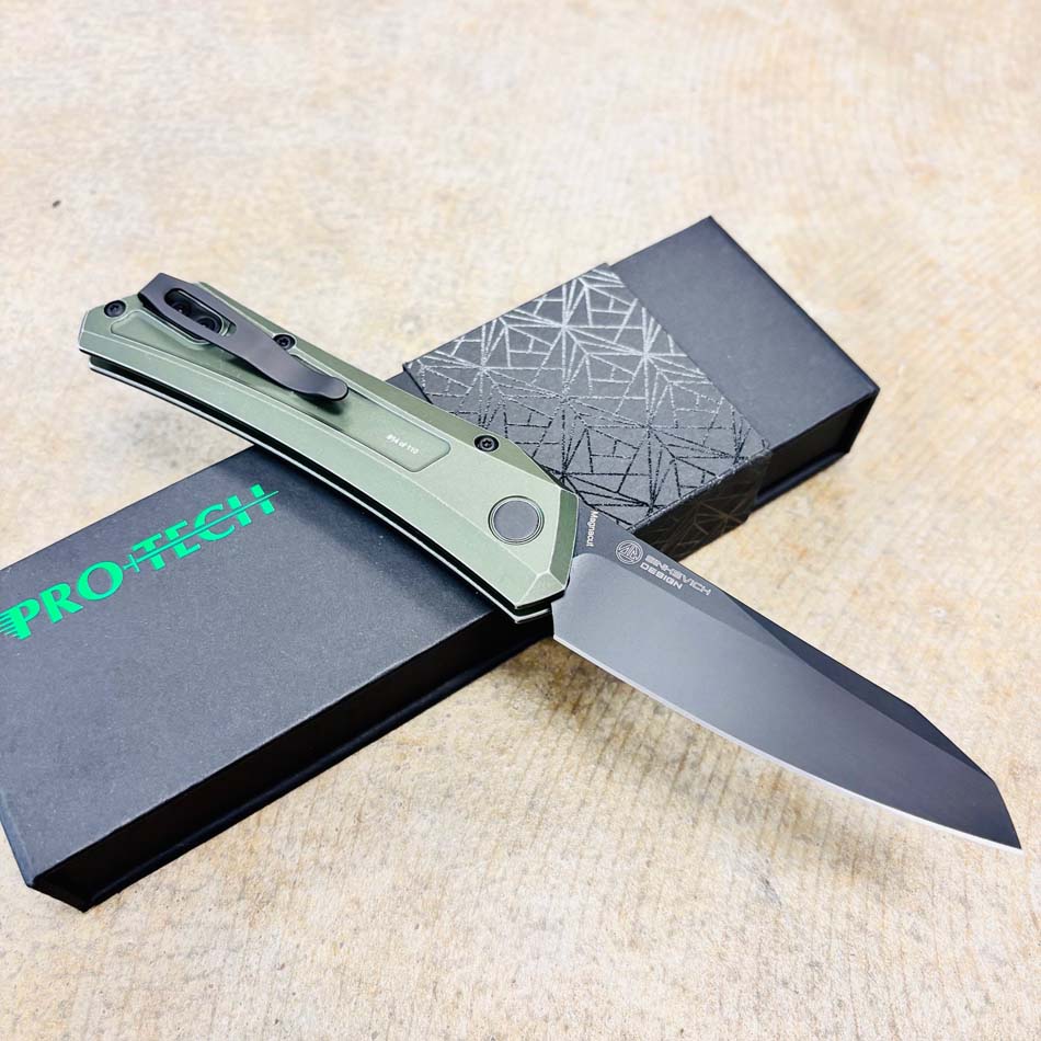 Protech BSA25.Oligarch.1 Dmitry Sinkevick Design Solid Green Battleworn Aluminum Handles, Black DLC Magnacut Blade, Black Lip Pearl Button Knife BLADE SHOW 2025 - BSA25.Oligarch.1