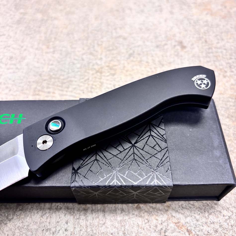 Protech BSA26.Brend.1, Brend Classic Auto, Black Aluminum Handles, Satin 154CM Blade, Abalone Button, Knife - Protech BSA26.Brend.1 Knife