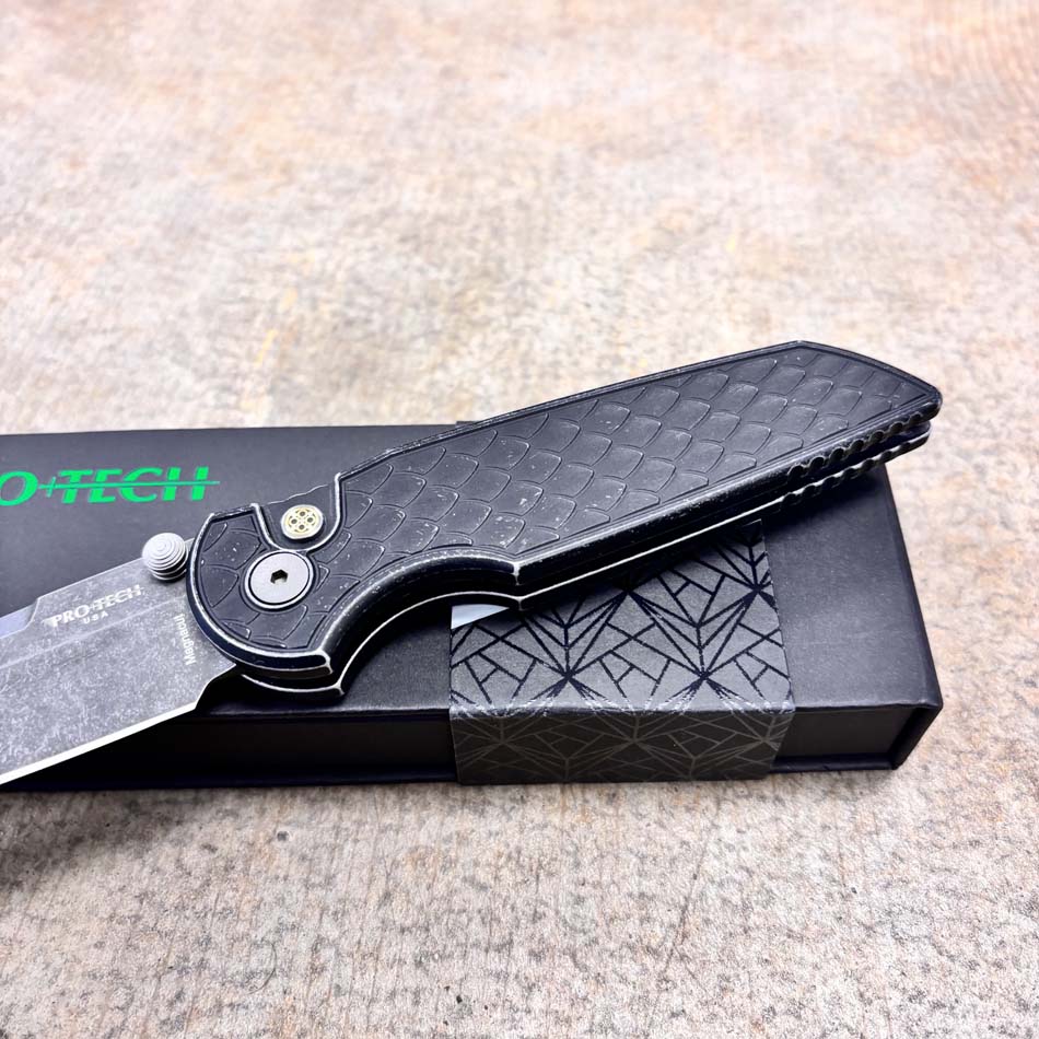 Protech BSA26.INT.1 TR-3 Integrity Thumbstud Manual, Battleworn REPTILE Textured Black Handle, Acidwash Magnacut Blade Knife - Protech BSA26.INT.1 Knife