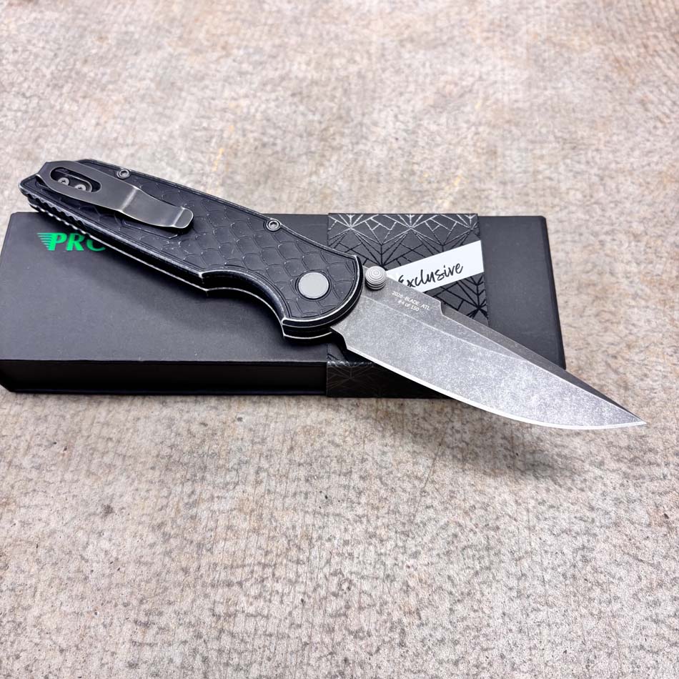 Protech BSA26.INT.1 TR-3 Integrity Thumbstud Manual, Battleworn REPTILE Textured Black Handle, Acidwash Magnacut Blade Knife - Protech BSA26.INT.1 Knife