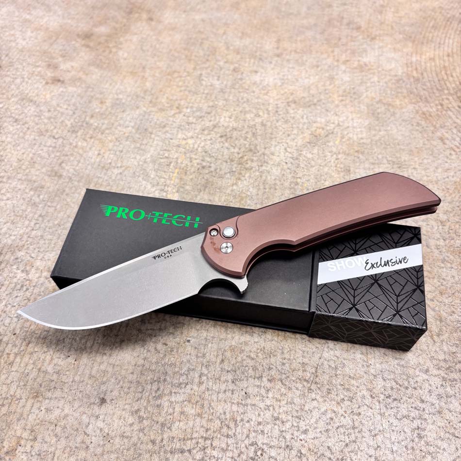 Protech BSA26.Mordax.1 Solid Brown Handle, Stonewash Magnacut Blade, White Pearl Button, Satin Hardware, Polished Clip, Knife - Protech BSA26.Mordax.1 knife