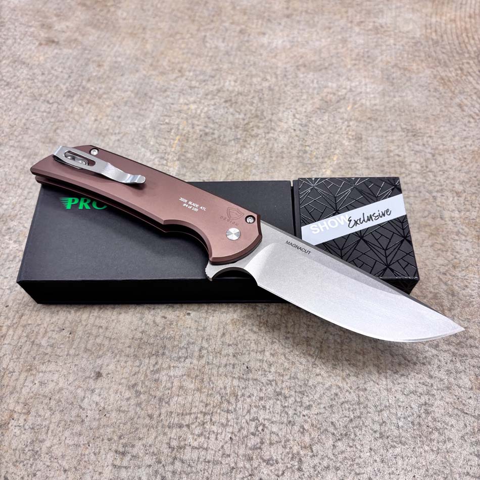 Protech BSA26.Mordax.1 Solid Brown Handle, Stonewash Magnacut Blade, White Pearl Button, Satin Hardware, Polished Clip, Knife - Protech BSA26.Mordax.1 knife