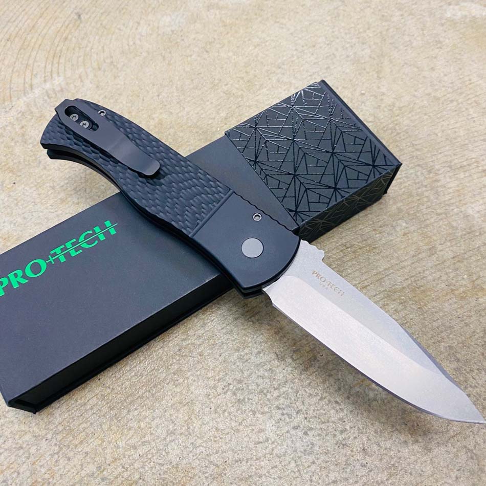 Protech E7A05-20CV Emerson CQC7 Stonewash 20CV Spear Point Automatic Knife Black Jigged Textured Handle - E7A05-20CV