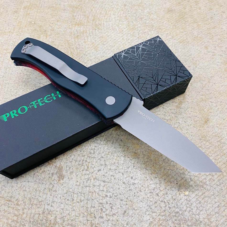 ProTech E7T Emerson CQC7 3.25" Chisel Tanto MEXICAN BLANKET, Mother of Pearl Button, Stonewash Blade, Auto Knife BLADE SHOW 2023 - Protech Emerson Micarta Mexican Blanket