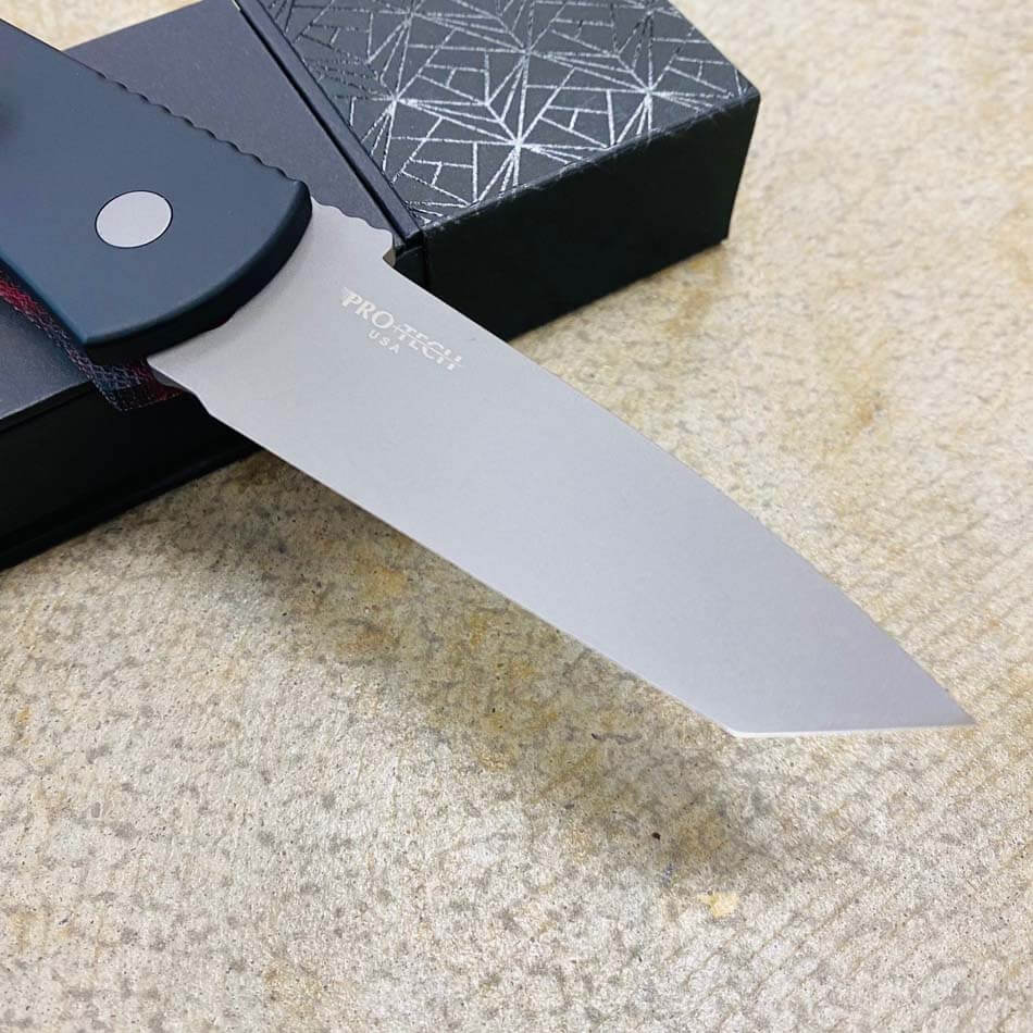 ProTech E7T Emerson CQC7 3.25" Chisel Tanto MEXICAN BLANKET, Mother of Pearl Button, Stonewash Blade, Auto Knife BLADE SHOW 2023 - Protech Emerson Micarta Mexican Blanket