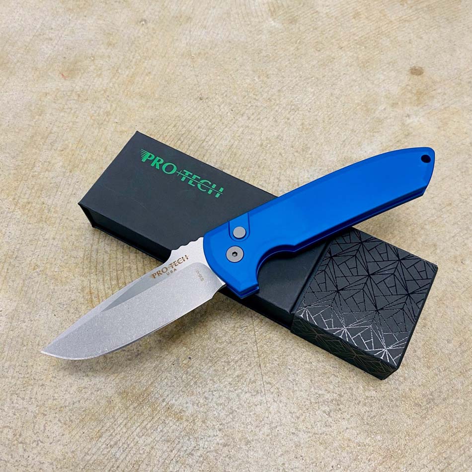 Protech LG301-BLUE Les George Rockeye 3.4" Stonewash CPM-S35VN Blade Solid Blue Handles Automatic Knife