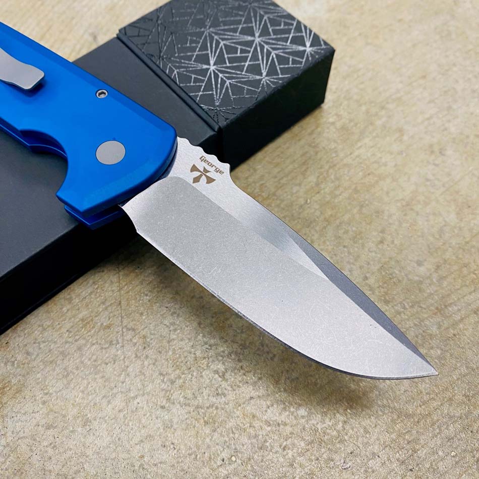 Protech LG301-BLUE Les George Rockeye 3.4" Stonewash CPM-S35VN Blade Solid Blue Handles Automatic Knife - LG301-BLUE