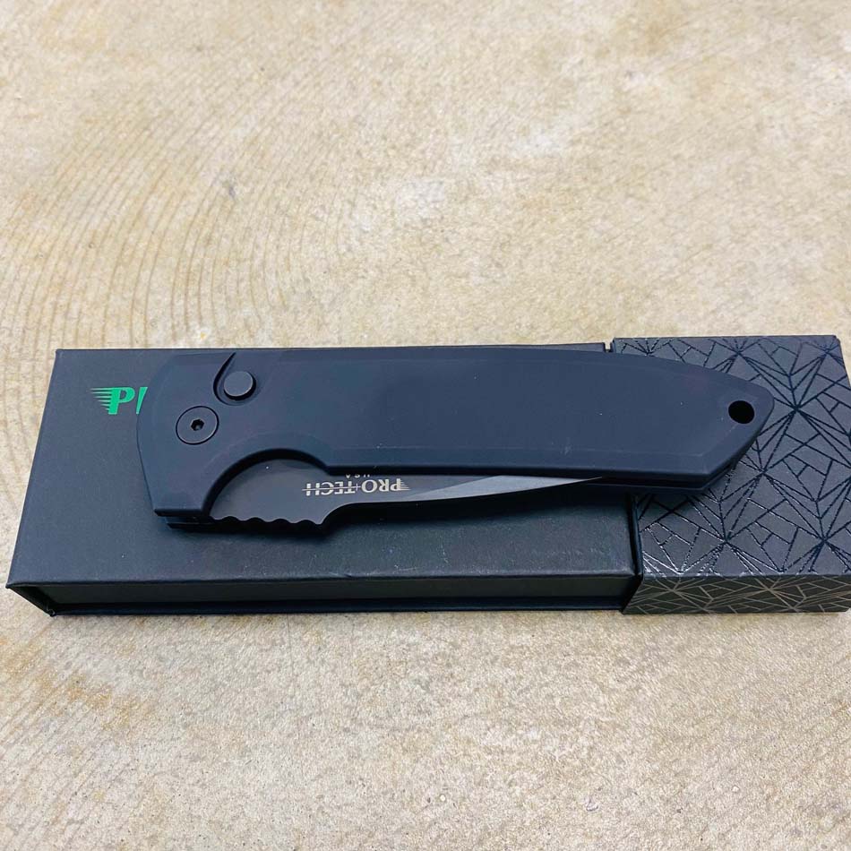Protech LG303 D2 Les George Rockeye 3.4" CPM-D2 DLC Black Blade Black Handles Automatic Knife - LG303 D2