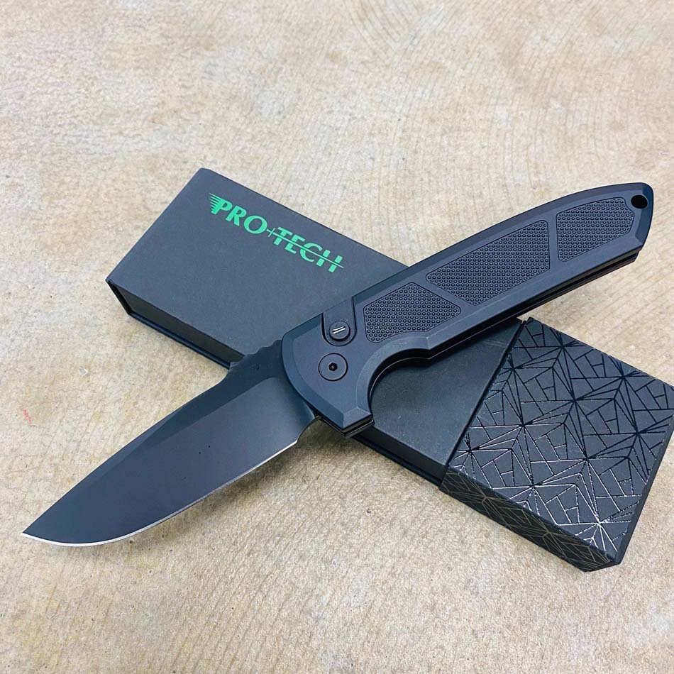 Protech LG307 OPERATOR Les George Rockeye 3.4" CPM-S35VN Sterile Black Blade Tritium Button Textured Show Side Handle Auto Knife - LG307 Operator