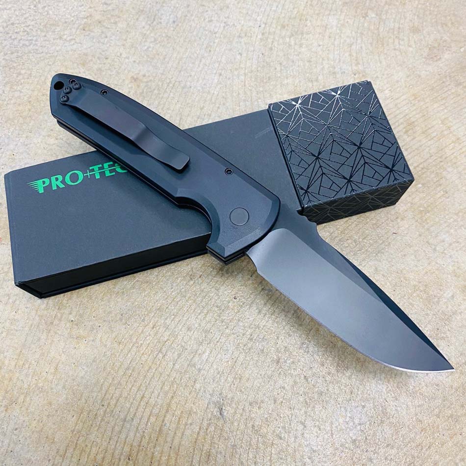 Protech LG307 OPERATOR Les George Rockeye 3.4" CPM-S35VN Sterile Black Blade Tritium Button Textured Show Side Handle Auto Knife - LG307 Operator