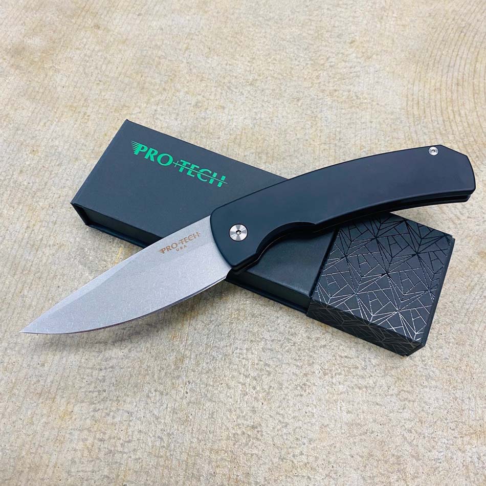Protech M2601 MAGIC 2, 3.75" 154CM Drop Point, Mike Whiskers Allen Design, Solid Black Handle, Stonewash Blade, Automatic Knife