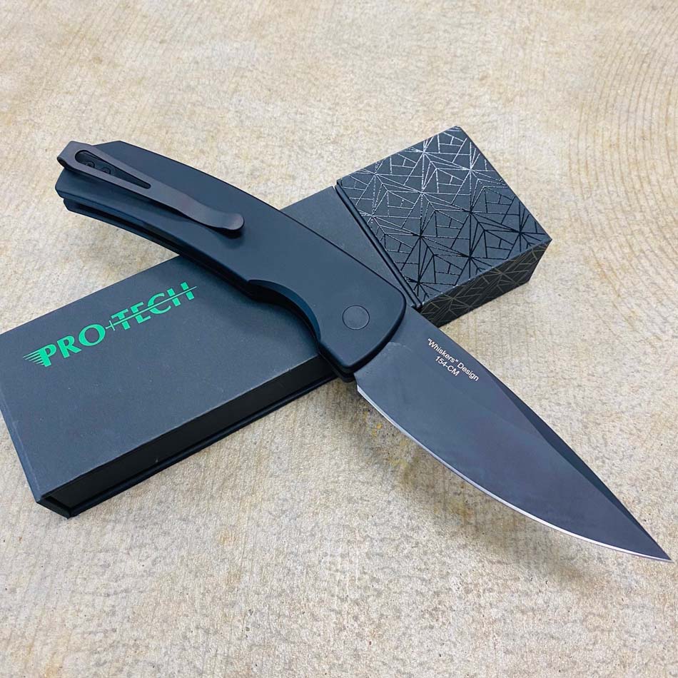 Protech M2603 MAGIC 2, 3.75" 154CM Drop Point, Mike Whiskers Allen Design, Solid Black Handle, Black Blade, Automatic Knife - M2603