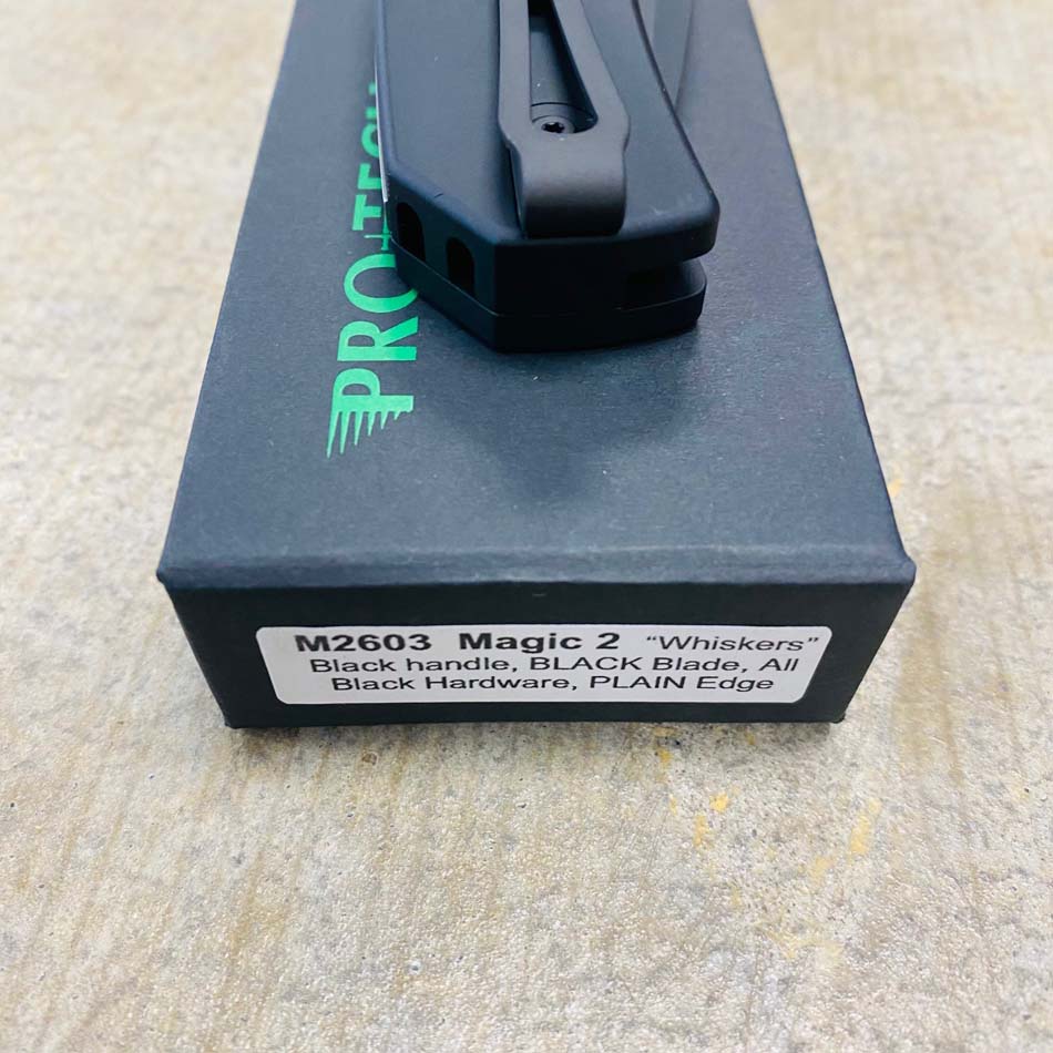 Protech M2603 MAGIC 2, 3.75" 154CM Drop Point, Mike Whiskers Allen Design, Solid Black Handle, Black Blade, Automatic Knife - M2603