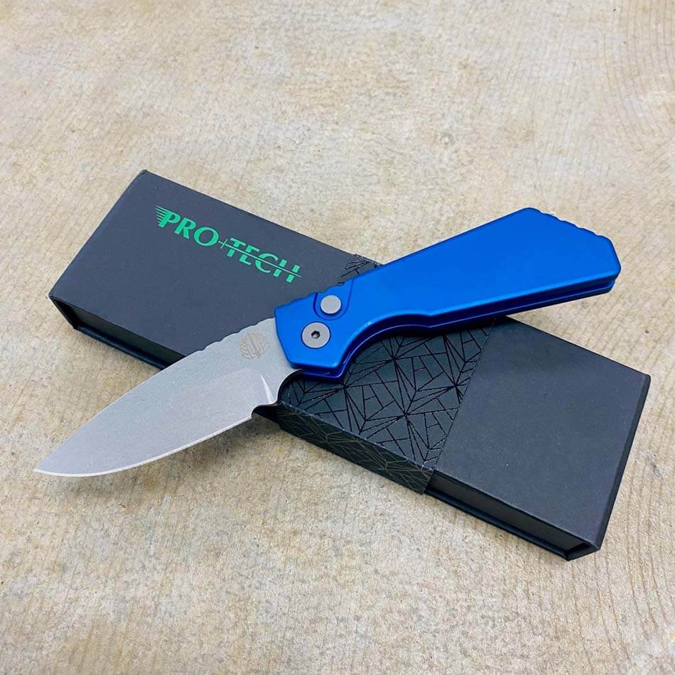 ProTech PT201-BLUE Strider PT+ Blue Solid Handle Stonewash Magnacut Blade Blasted Hardware Automatic Knife