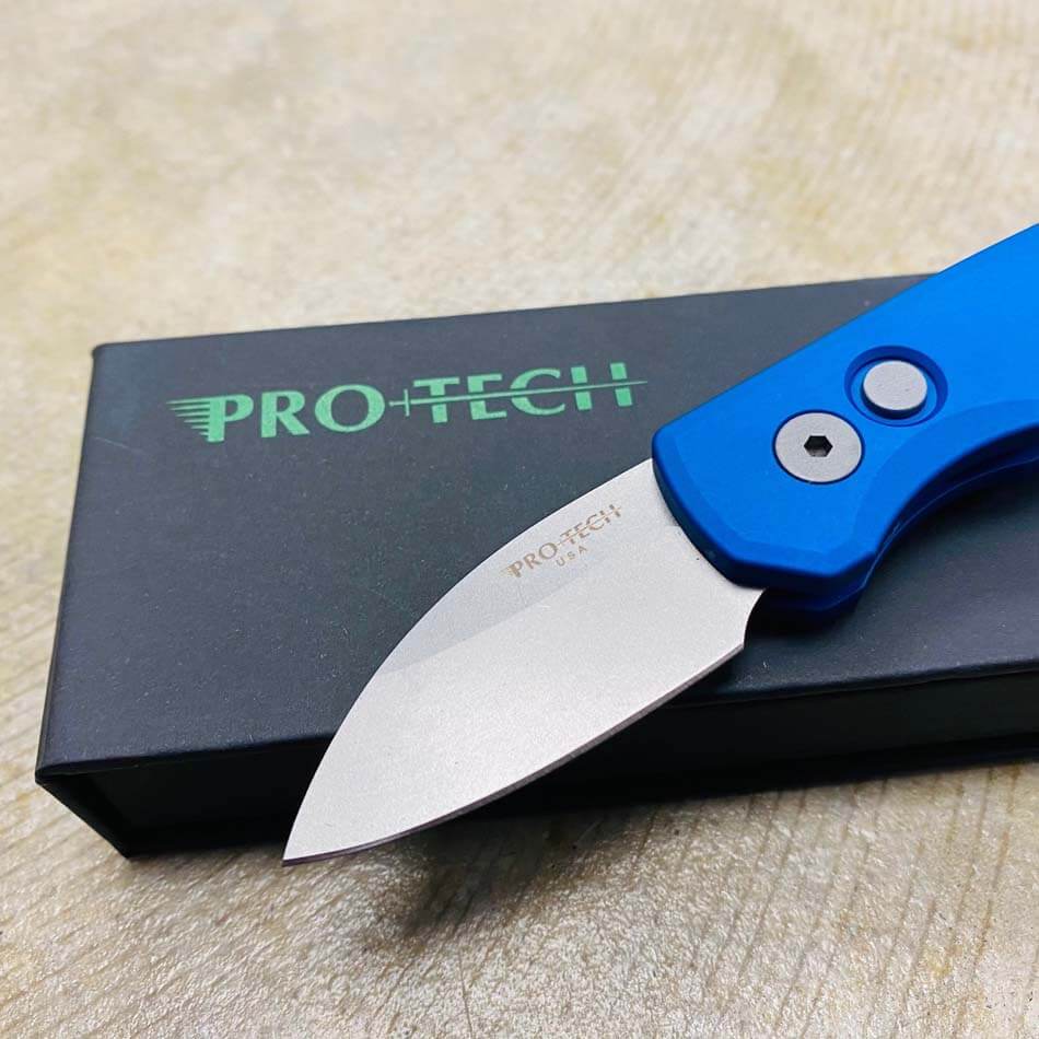 Protech Runt 5 R5101-BLUE Smooth Blue Handle 1.9" Stonewash 20CV Wharncliffe Blade Auto Knife - R5101-BLUE Runt 5