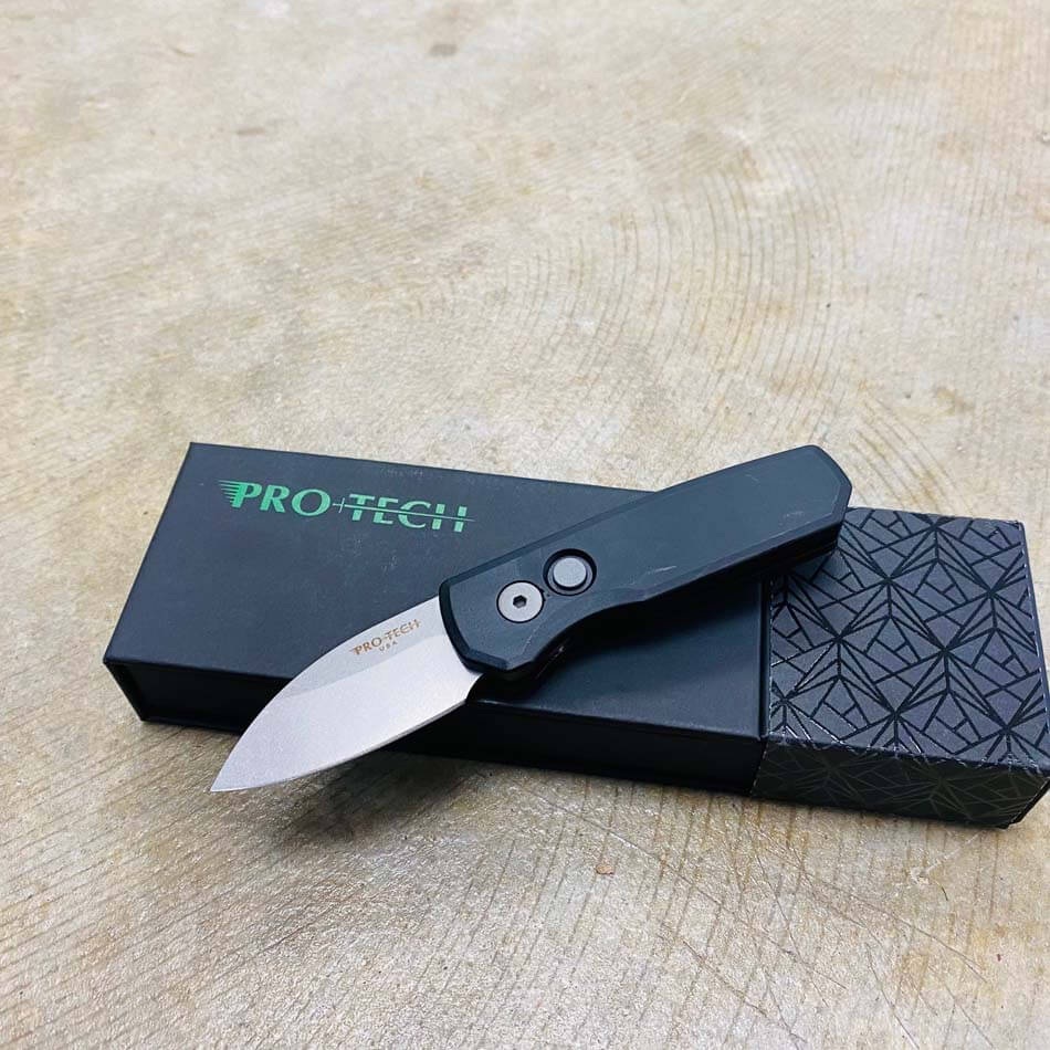 Protech Runt 5 R5101 Smooth Black Handle 1.9" Stonewash 20CV Wharncliffe Blade Auto Knife