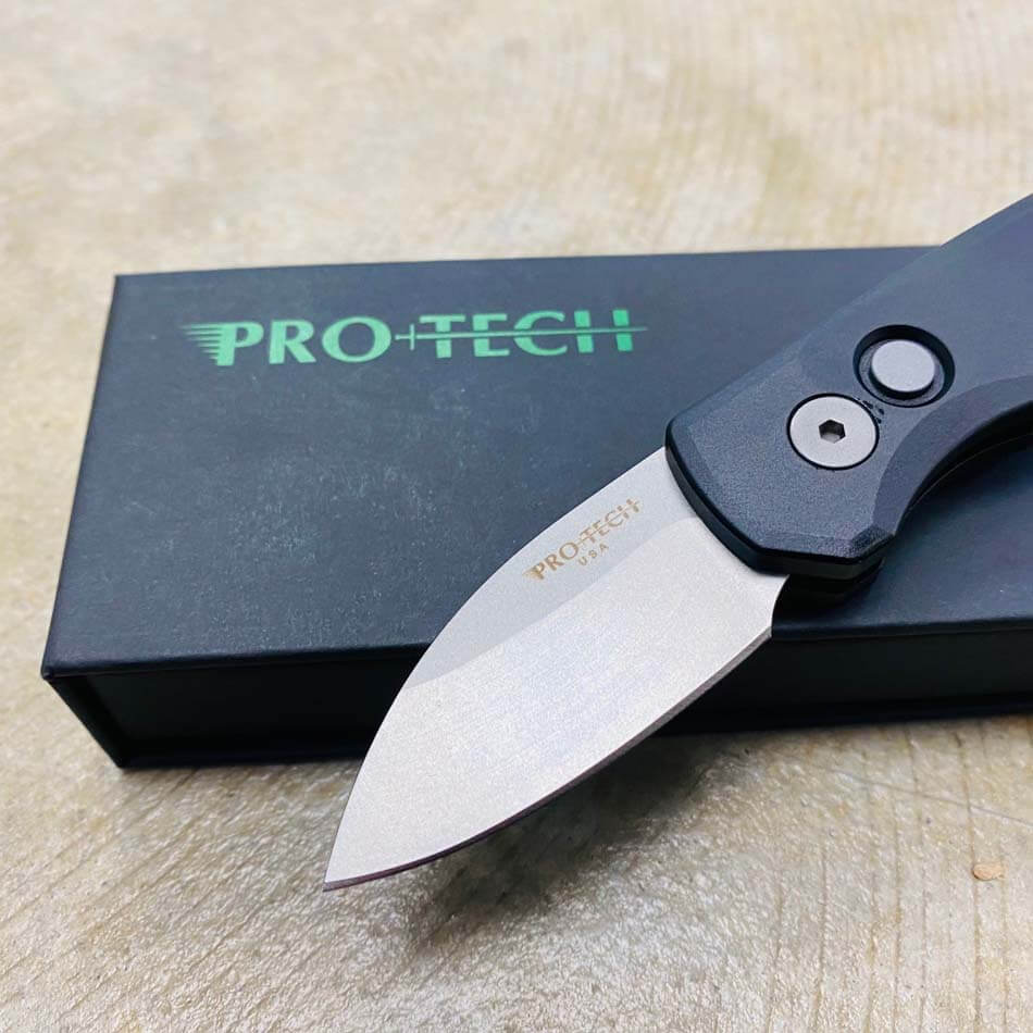 Protech Runt 5 R5101 Smooth Black Handle 1.9" Stonewash 20CV Wharncliffe Blade Auto Knife - R5101 Runt 5