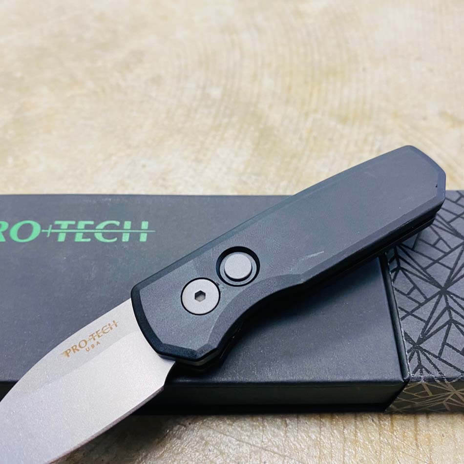Protech Runt 5 R5101 Smooth Black Handle 1.9" Stonewash 20CV Wharncliffe Blade Auto Knife - R5101 Runt 5