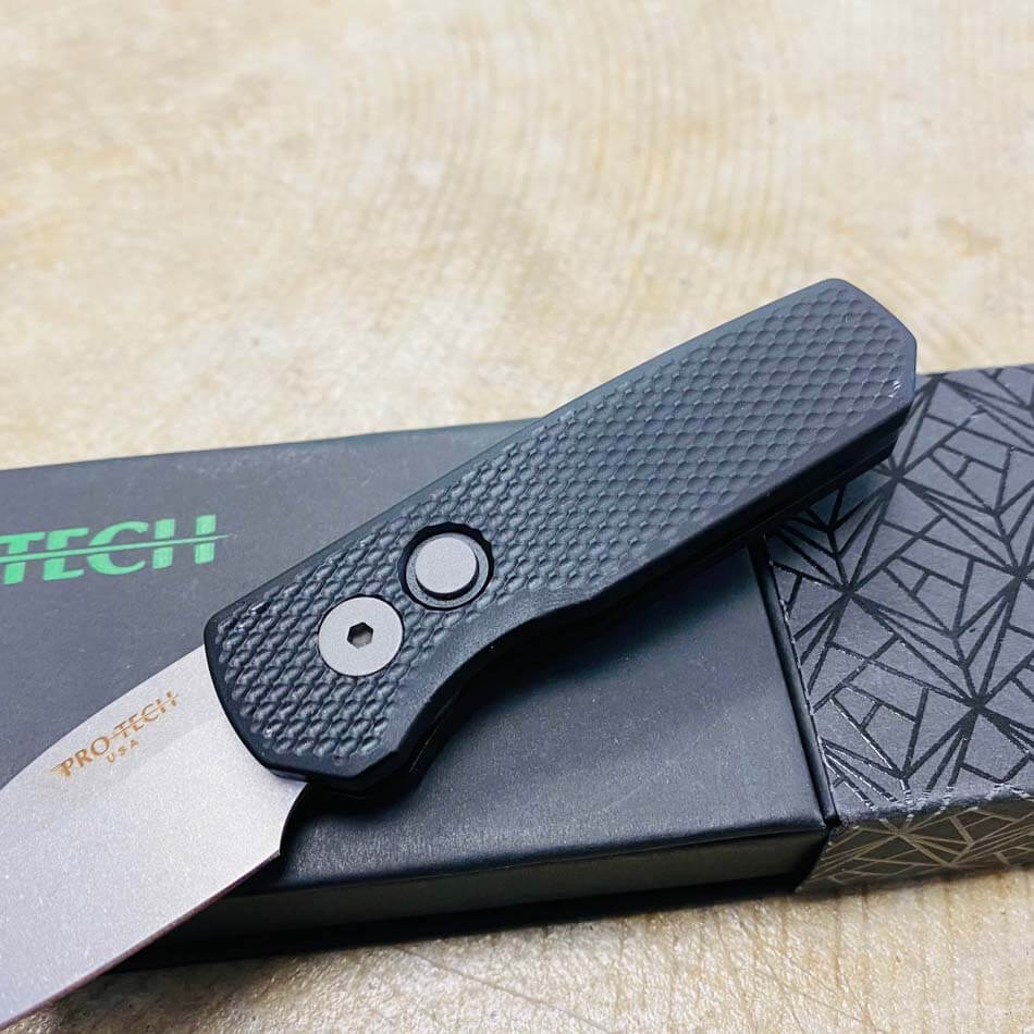 Protech Runt 5 R5105 Textured Black Handle 1.9" Stonewash 20CV Wharncliffe Blade Auto Knife  - R5105 Runt 5