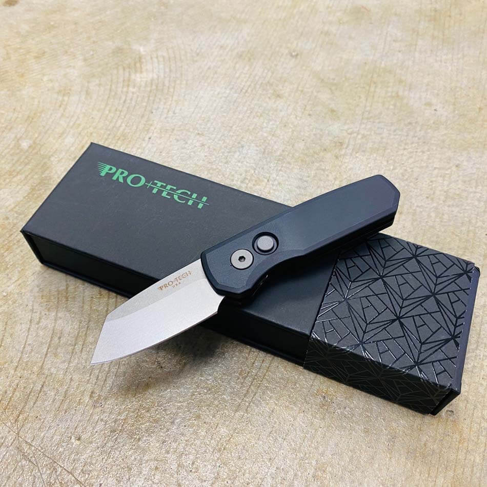 Protech Runt 5 R5201 Smooth Black Handle 1.9" Stonewash 20CV Reverse Tanto Blade Auto Knife 