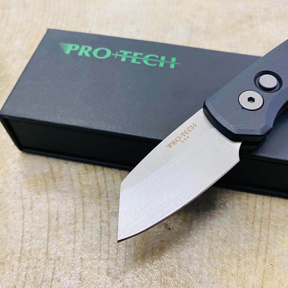 Protech Runt 5 R5201 Smooth Black Handle 1.9" Stonewash 20CV Reverse Tanto Blade Auto Knife  - R5201 Runt 5