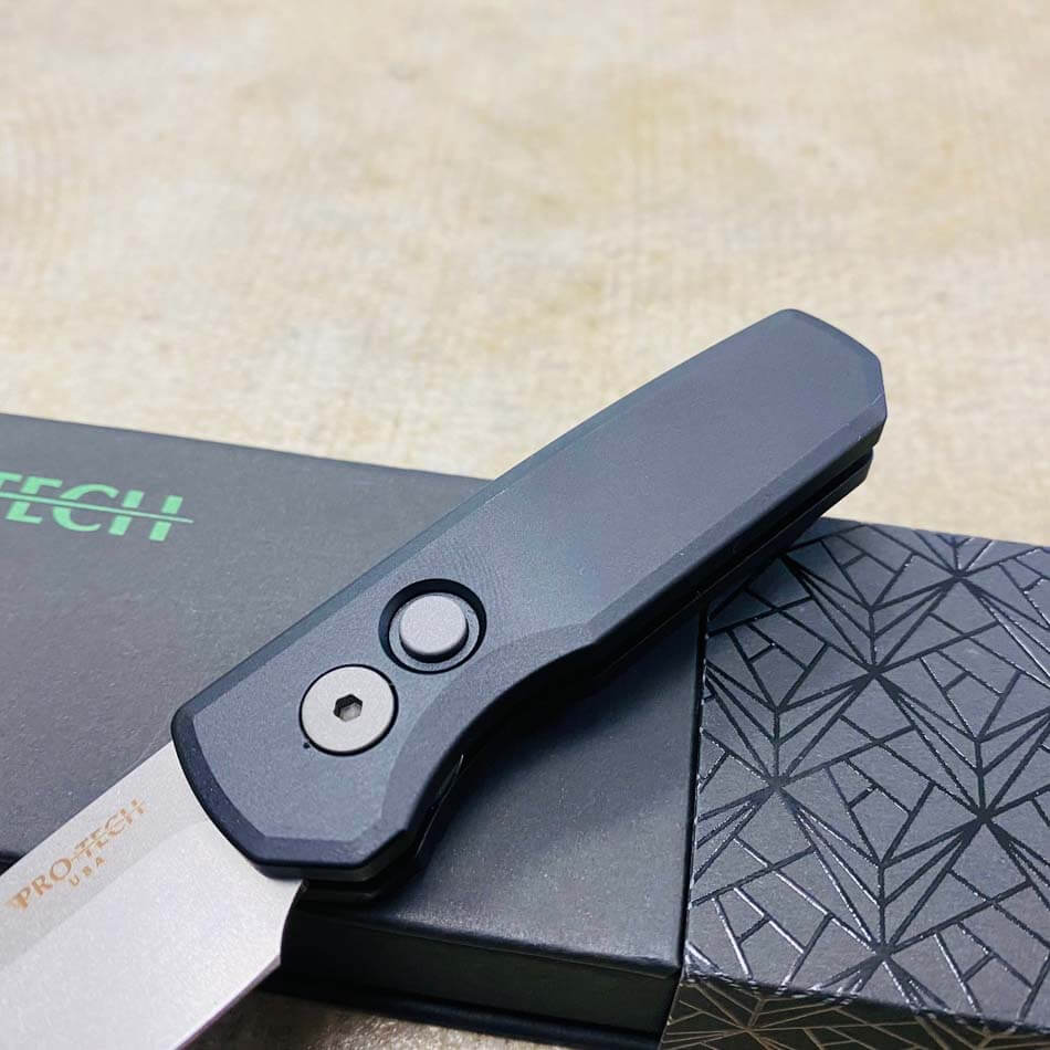 Protech Runt 5 R5201 Smooth Black Handle 1.9" Stonewash 20CV Reverse Tanto Blade Auto Knife  - R5201 Runt 5