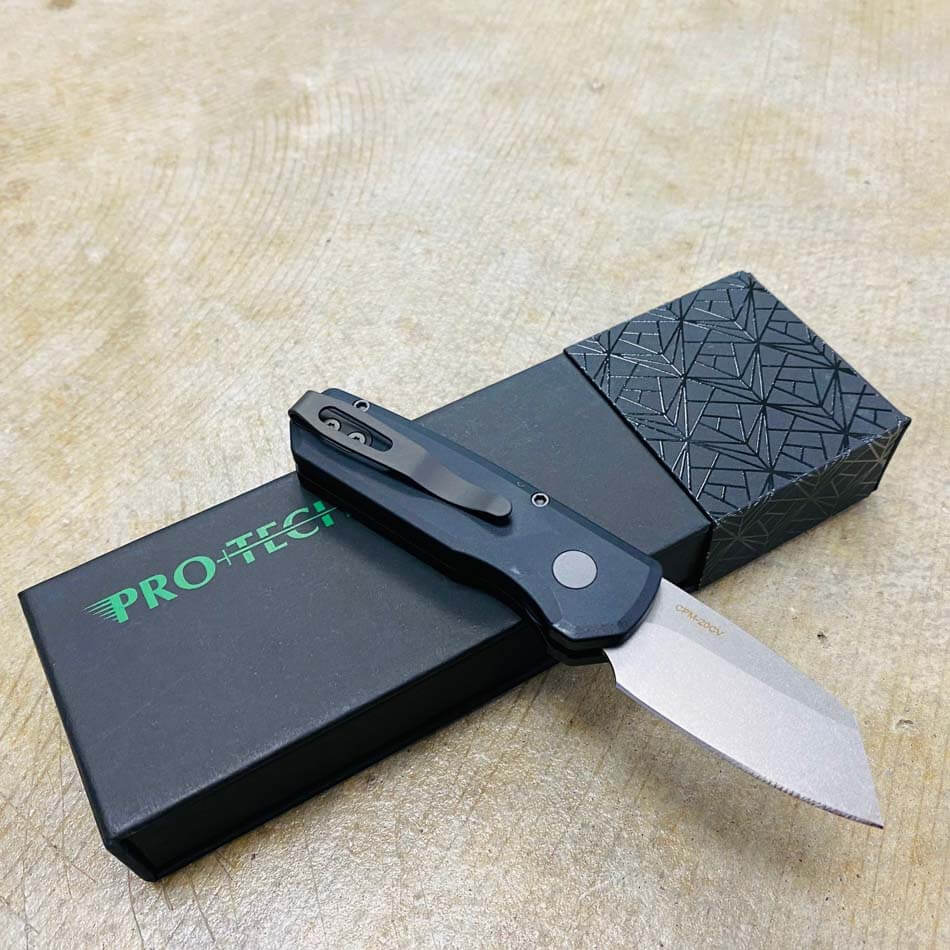 Protech Runt 5 R5201 Smooth Black Handle 1.9" Stonewash 20CV Reverse Tanto Blade Auto Knife  - R5201 Runt 5