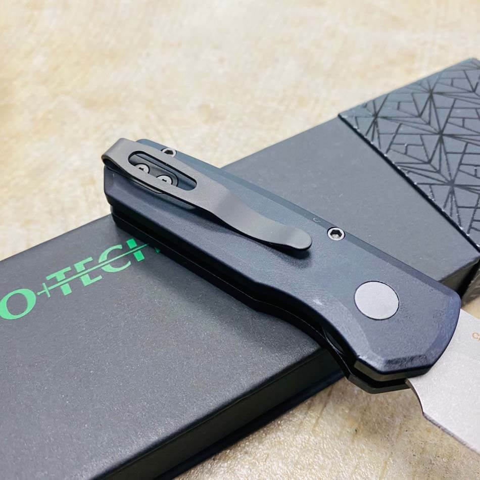 Protech Runt 5 R5201 Smooth Black Handle 1.9" Stonewash 20CV Reverse Tanto Blade Auto Knife  - R5201 Runt 5