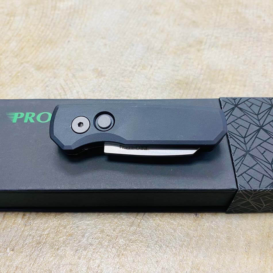 Protech Runt 5 R5201 Smooth Black Handle 1.9" Stonewash 20CV Reverse Tanto Blade Auto Knife  - R5201 Runt 5