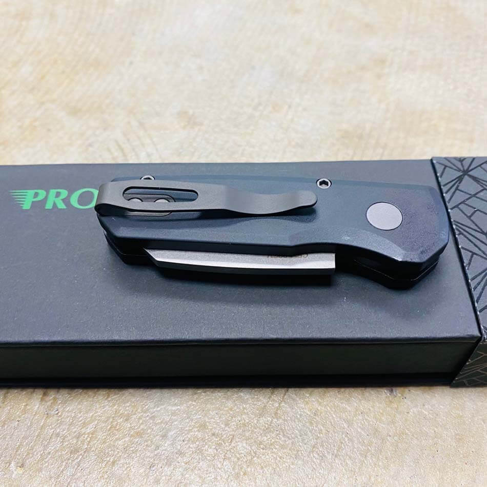 Protech Runt 5 R5201 Smooth Black Handle 1.9" Stonewash 20CV Reverse Tanto Blade Auto Knife  - R5201 Runt 5