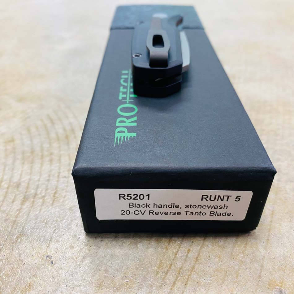 Protech Runt 5 R5201 Smooth Black Handle 1.9" Stonewash 20CV Reverse Tanto Blade Auto Knife  - R5201 Runt 5