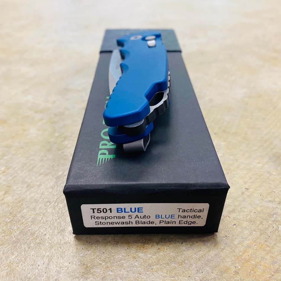 ProTech T501-BLUE Tactical Response 5, 3.25" S35-VN Stonewash Plain Blade Blue Aluminum Handle Knife - T501-BLUE