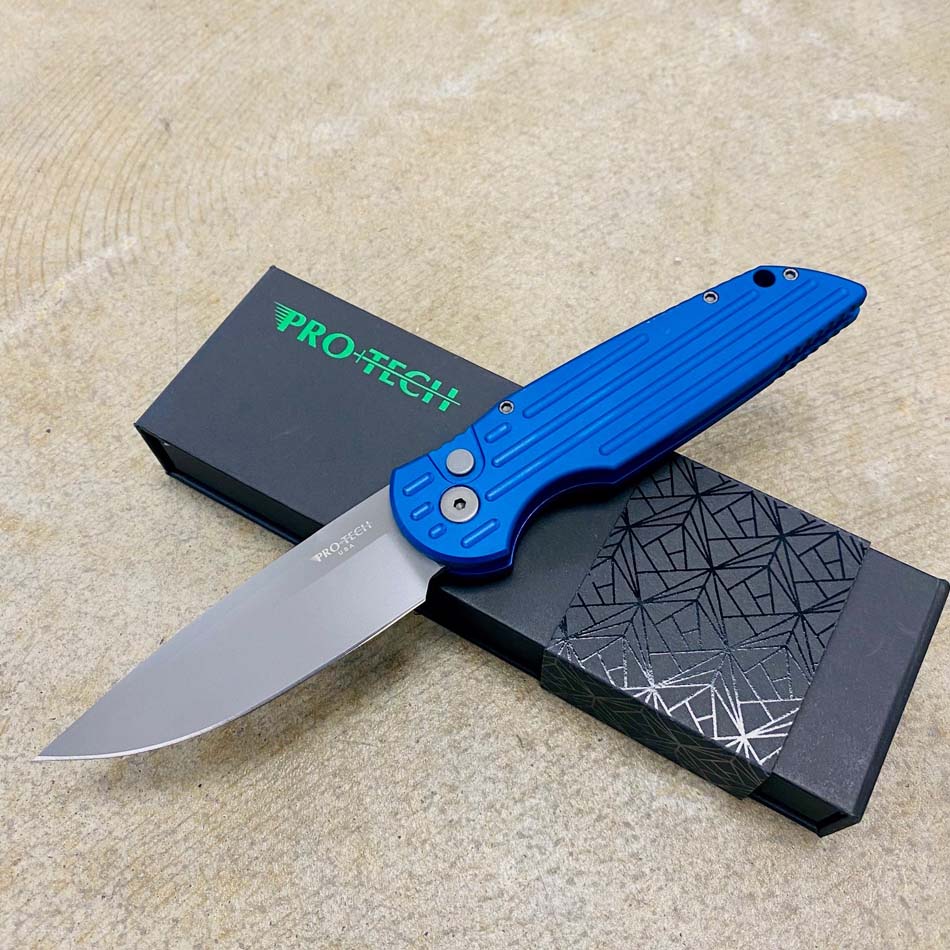 PROTECH TR-3 BLUE Clip Point 3.5" Auto Blue Handle with Grooves Bead Blasted Blade Knife - TR-3 BLUE