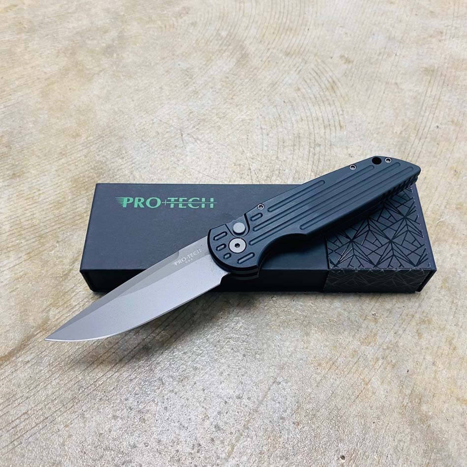 PROTECH TR-3 Clip Point 3.5" Auto Black Handle with Grooves Bead Blasted Blade Knife - TR-3
