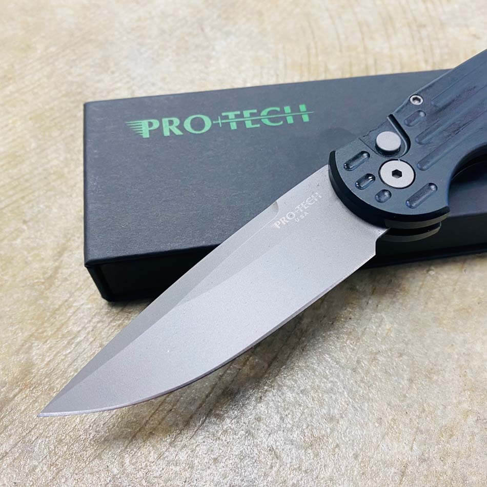PROTECH TR-3 Clip Point 3.5" Auto Black Handle with Grooves Bead Blasted Blade Knife - TR-3