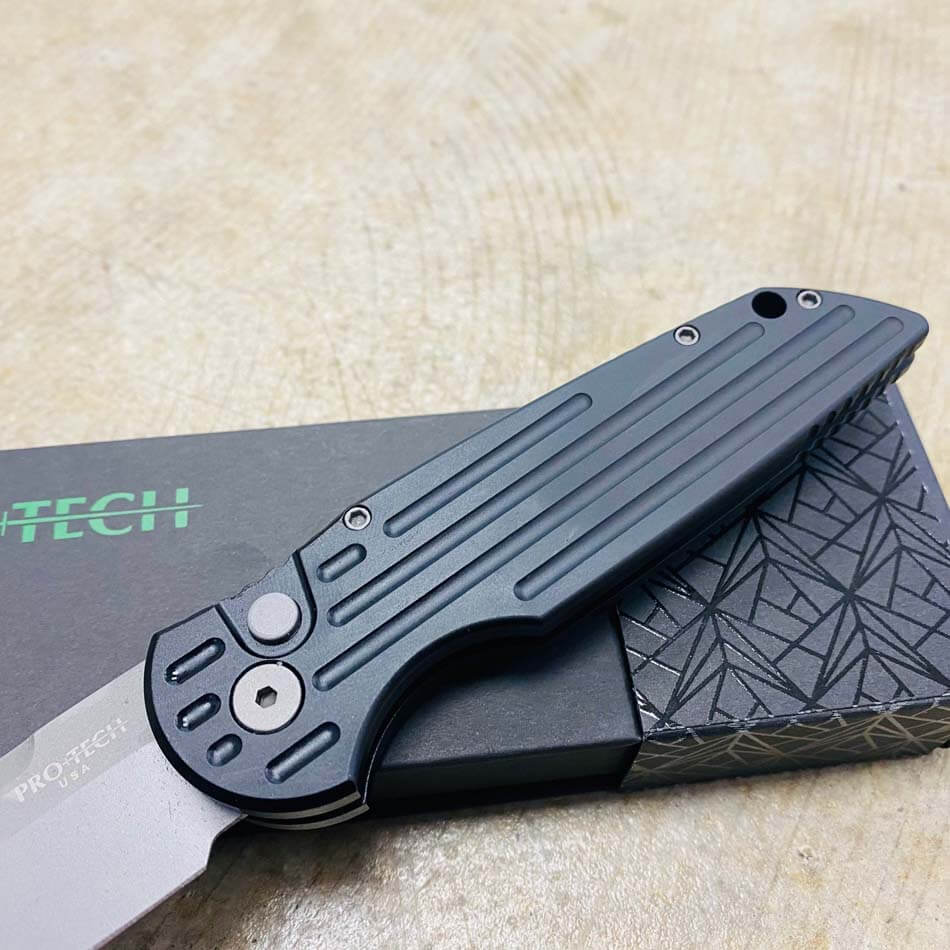 PROTECH TR-3 Clip Point 3.5" Auto Black Handle with Grooves Bead Blasted Blade Knife - TR-3