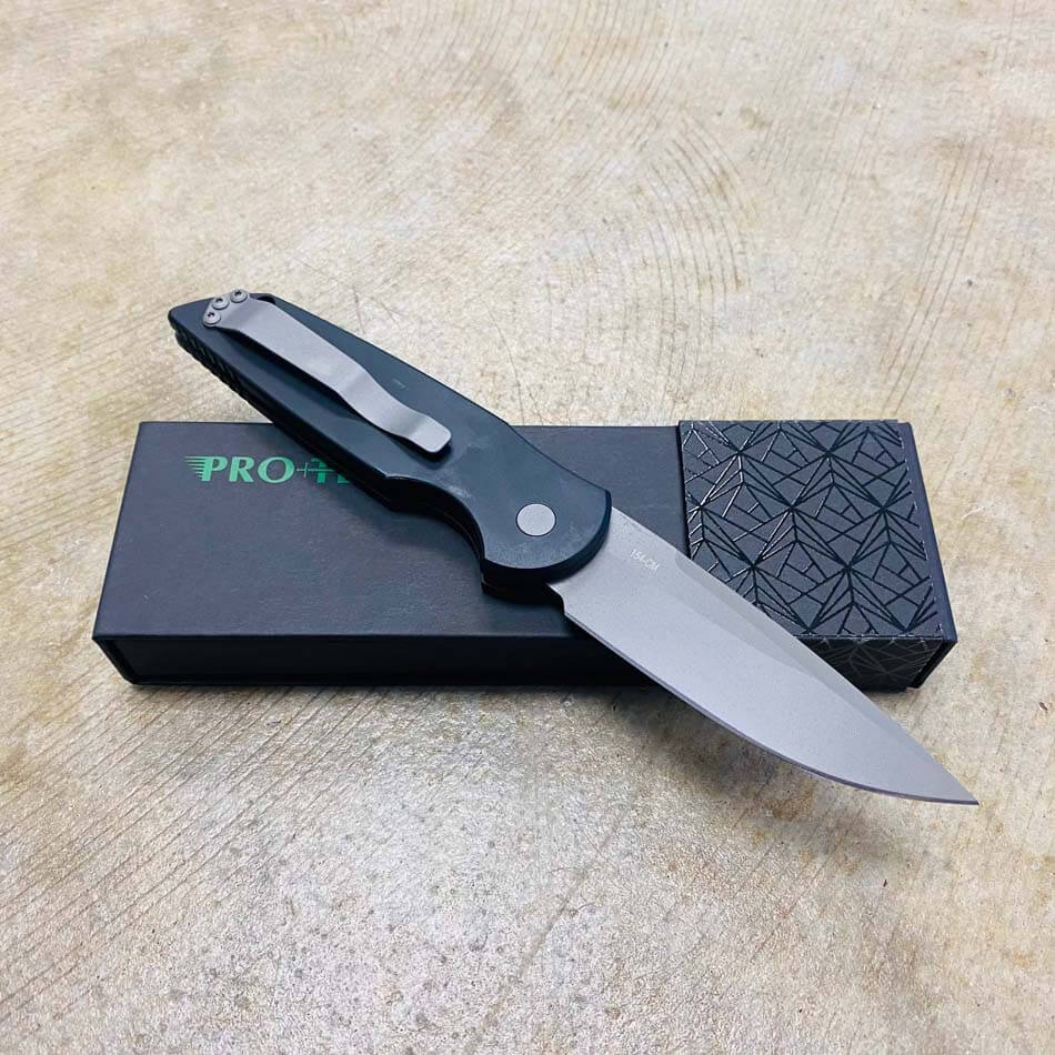 PROTECH TR-3 Clip Point 3.5" Auto Black Handle with Grooves Bead Blasted Blade Knife - TR-3