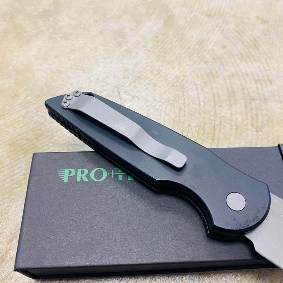 PROTECH TR-3 Clip Point 3.5" Auto Black Handle with Grooves Bead Blasted Blade Knife - TR-3