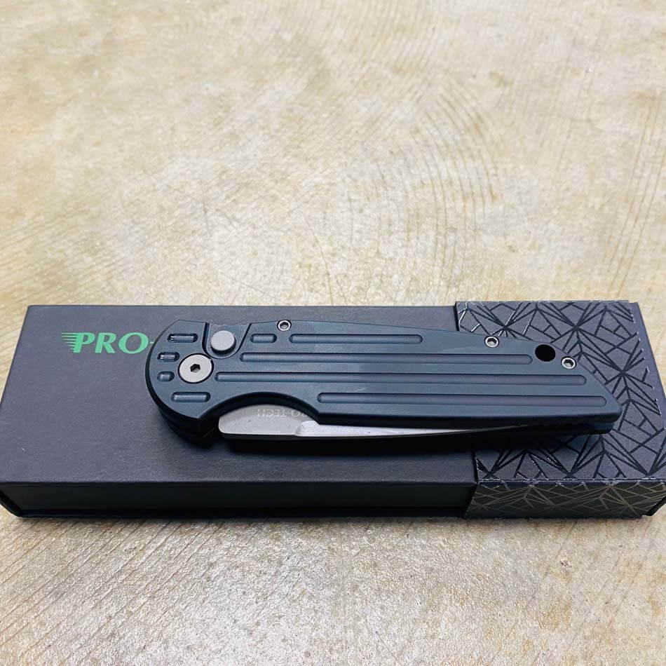 PROTECH TR-3 Clip Point 3.5" Auto Black Handle with Grooves Bead Blasted Blade Knife - TR-3