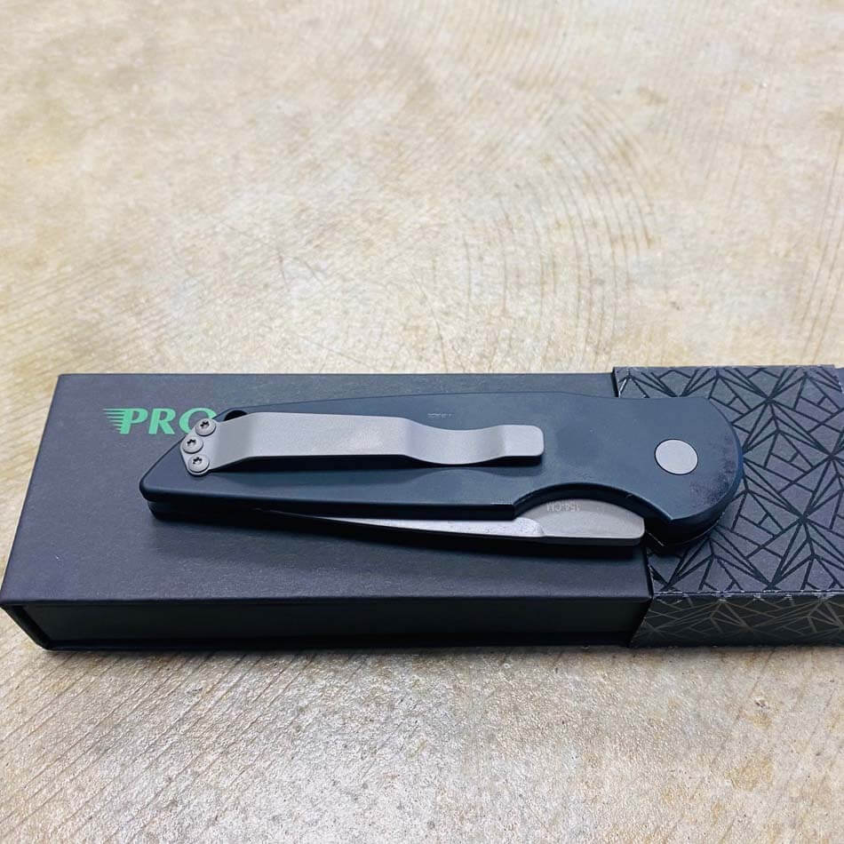 PROTECH TR-3 Clip Point 3.5" Auto Black Handle with Grooves Bead Blasted Blade Knife - TR-3