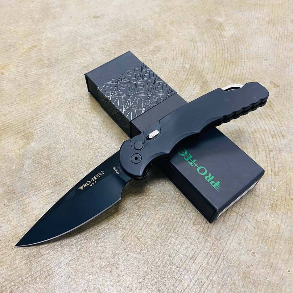 PROTECH TR-4.3 D2 4" Black Handle DLC Black Coated CPM-D2 Blade Plain Edge Auto Knife